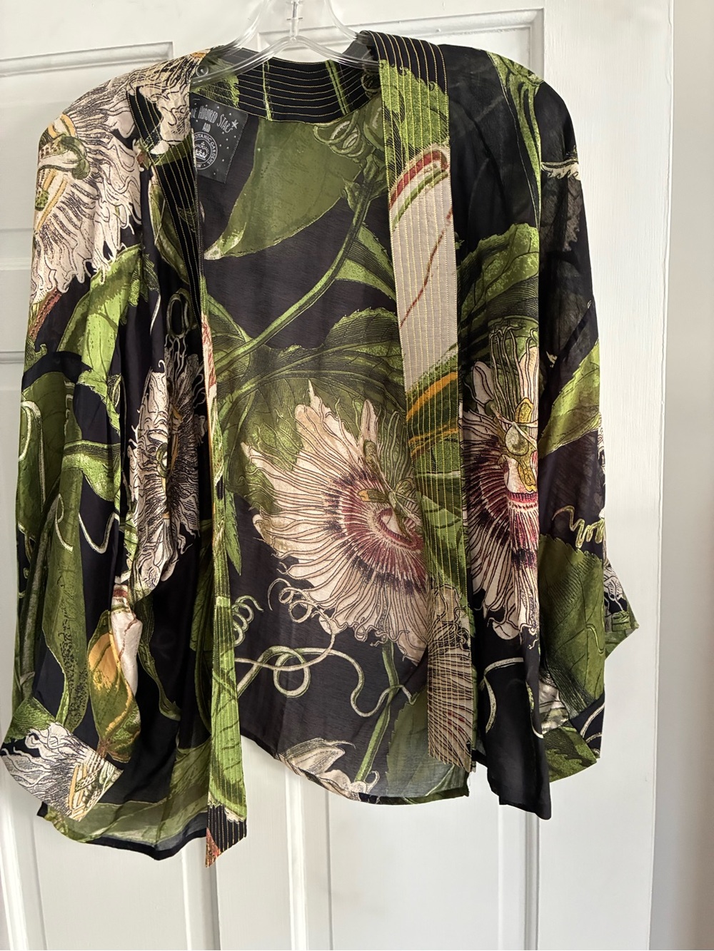 Source Unknown Black Floral Sheer Jacket with Green and Cream Accents